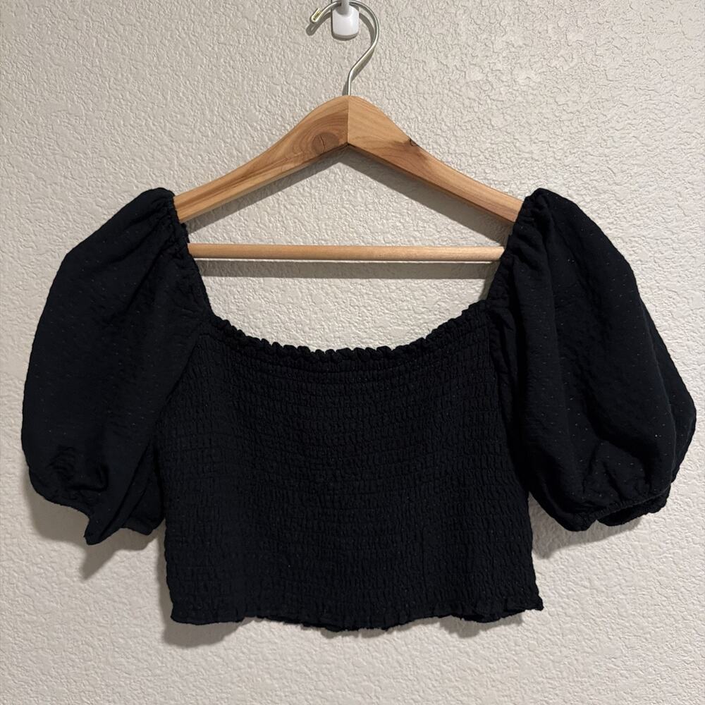 Wild Fable Smocked Crop Top Black Minimalist Luxury Preppy Peasant Puff Slv XS